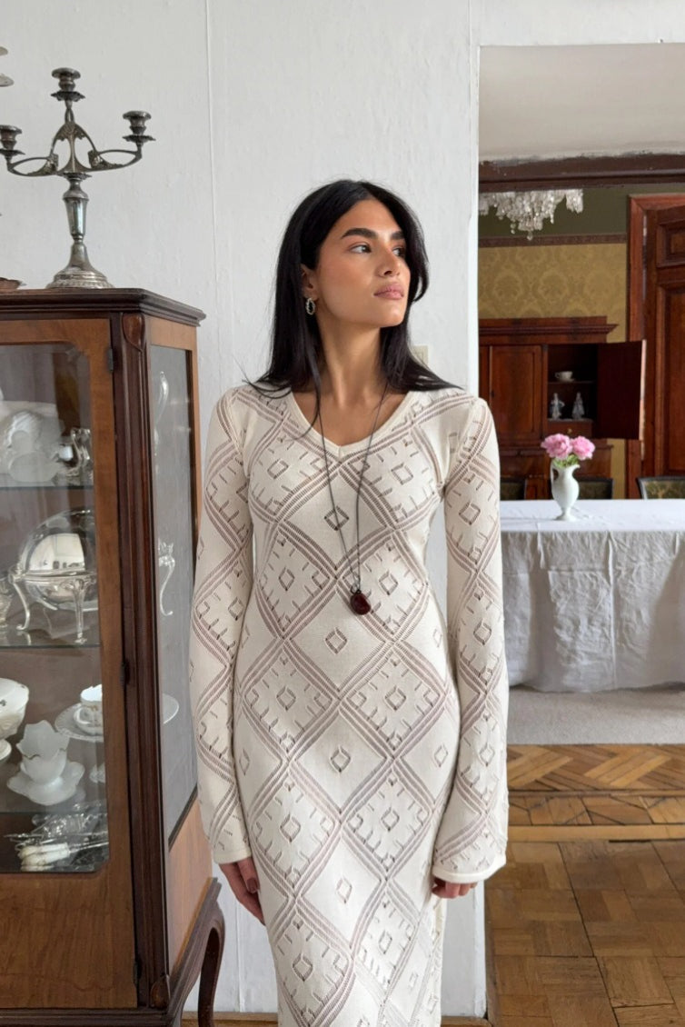 Knit Argyle Jacquard Long Sleeve Maxi Dress image 3