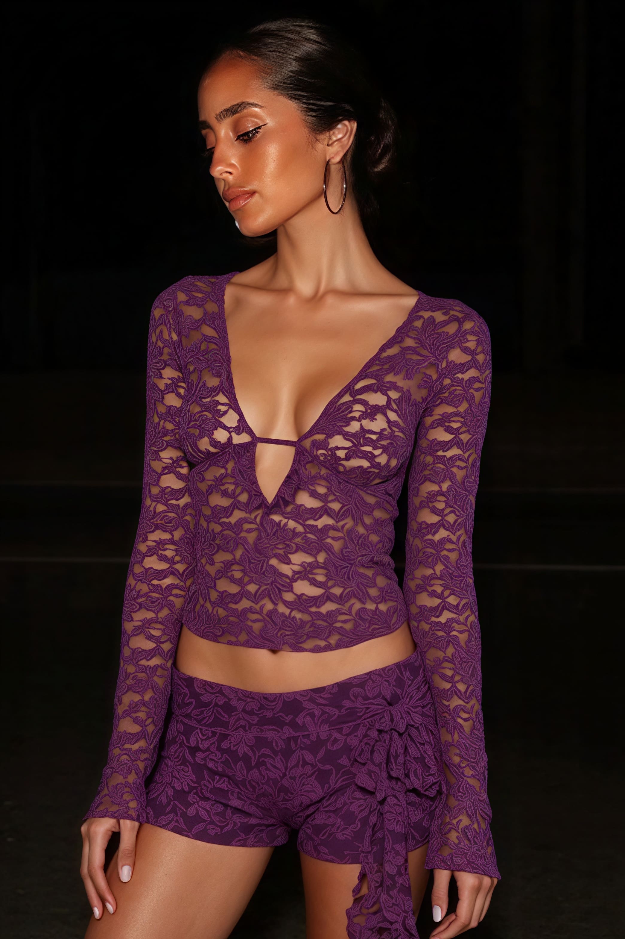 Sexy Lace Deep V Sheer Long Sleeve Blouse image 2