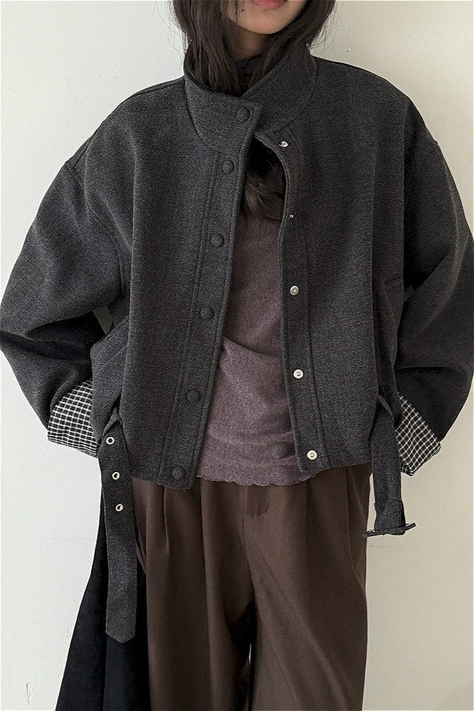 Short Cuffed Check Pieced Stand Collar Wool Coat image 1