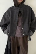 Short Cuffed Check Pieced Stand Collar Wool Coat image 1
