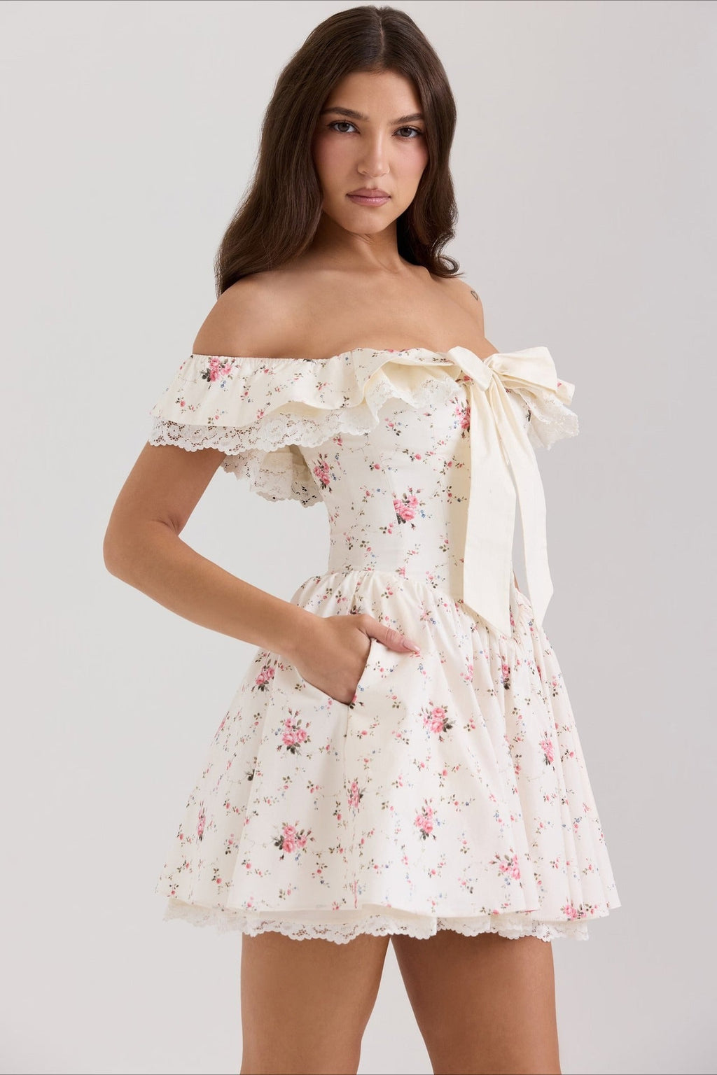Sweet Floral Bow Off Shoulder Mini Dress image 3