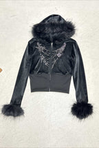 Gothic Rhinestone Fur Paneled Slim Hoodie image 5