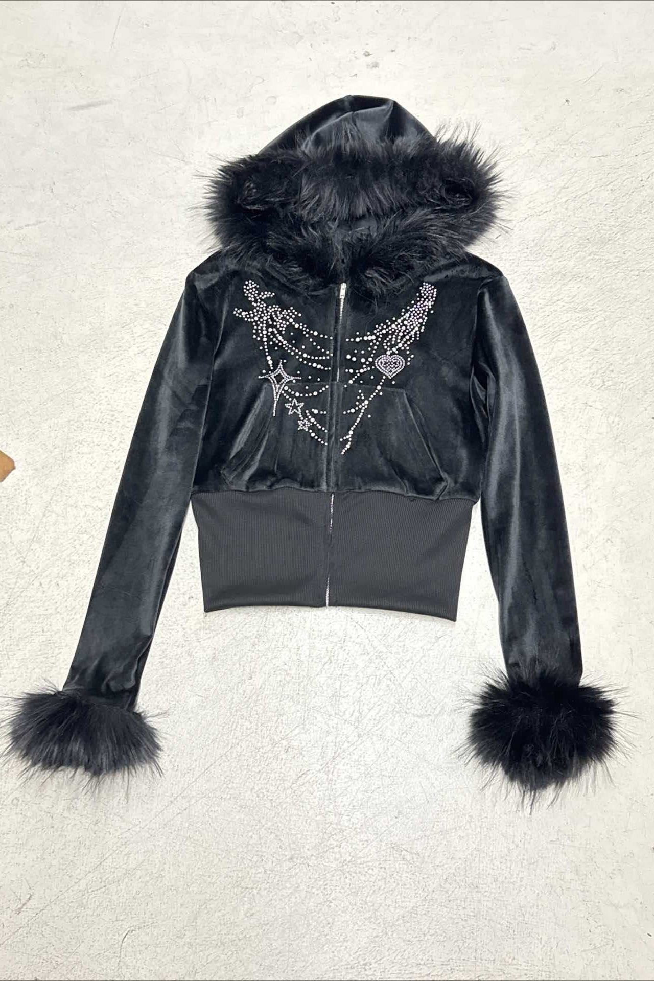 Gothic Rhinestone Fur Paneled Slim Hoodie image 5