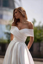 Simple Satin Cross Off Shoulder Train Wedding Dress image 4