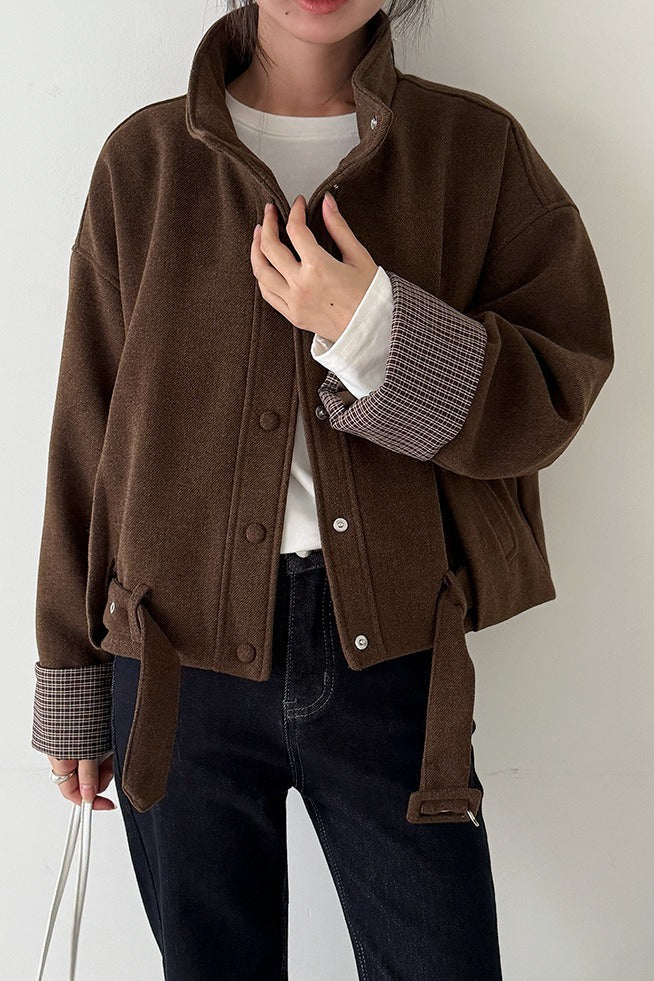 Short Cuffed Check Pieced Stand Collar Wool Coat image 6