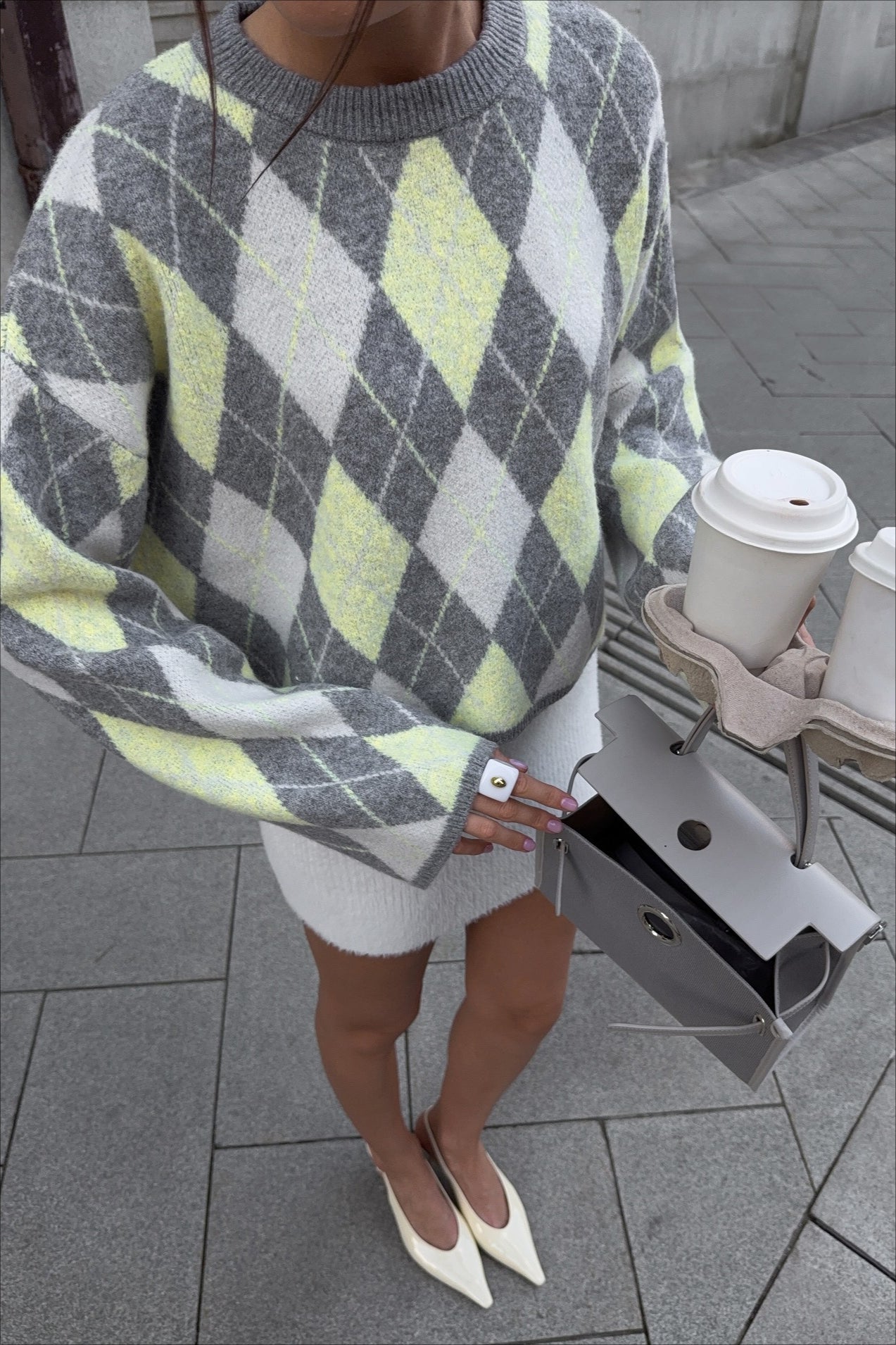 Argyle Knit Green Color Block Loose Crewneck Sweater image 4