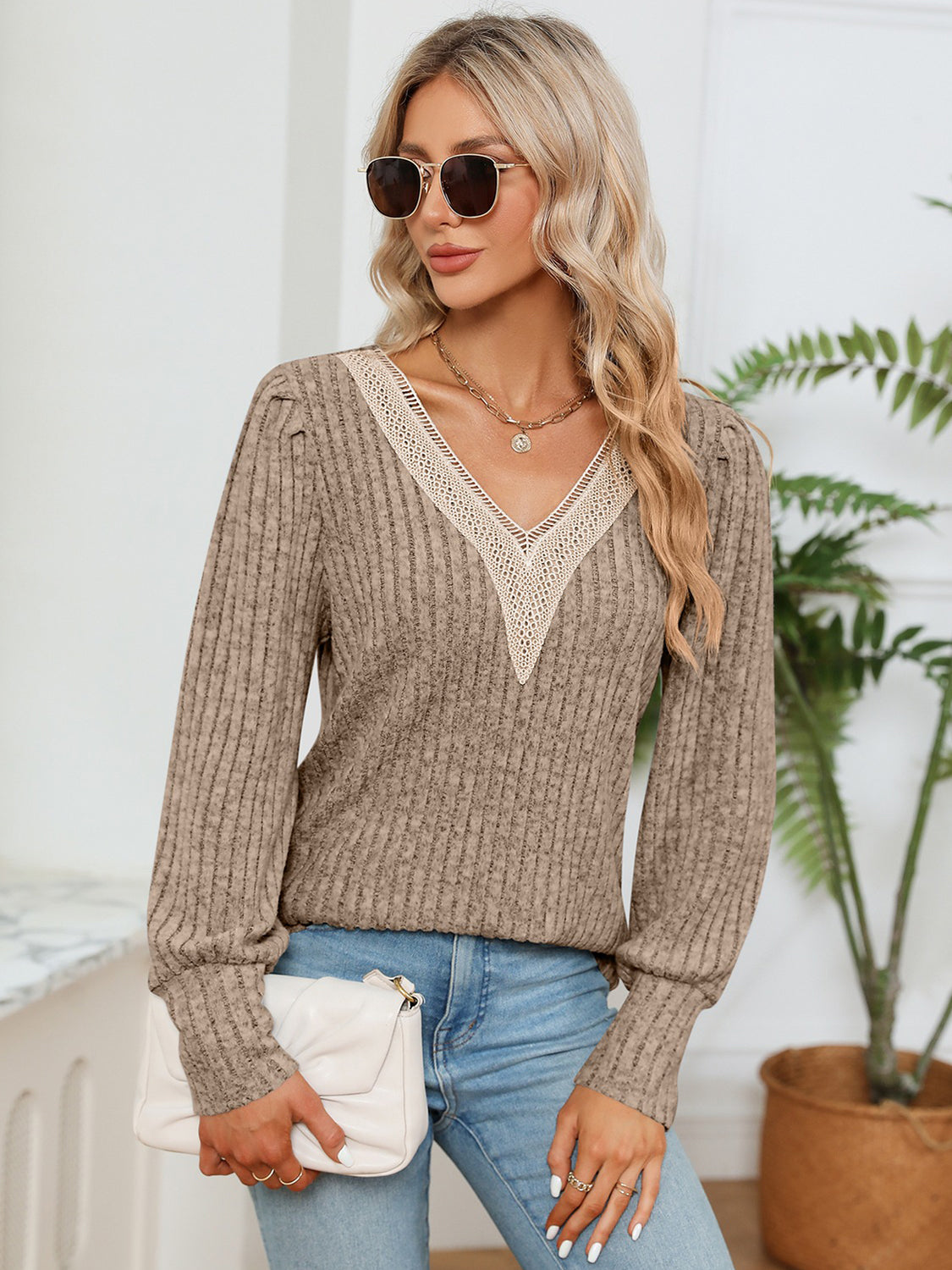 Rosalie Lace Ribbed Blouse detail view styled for Avrienne