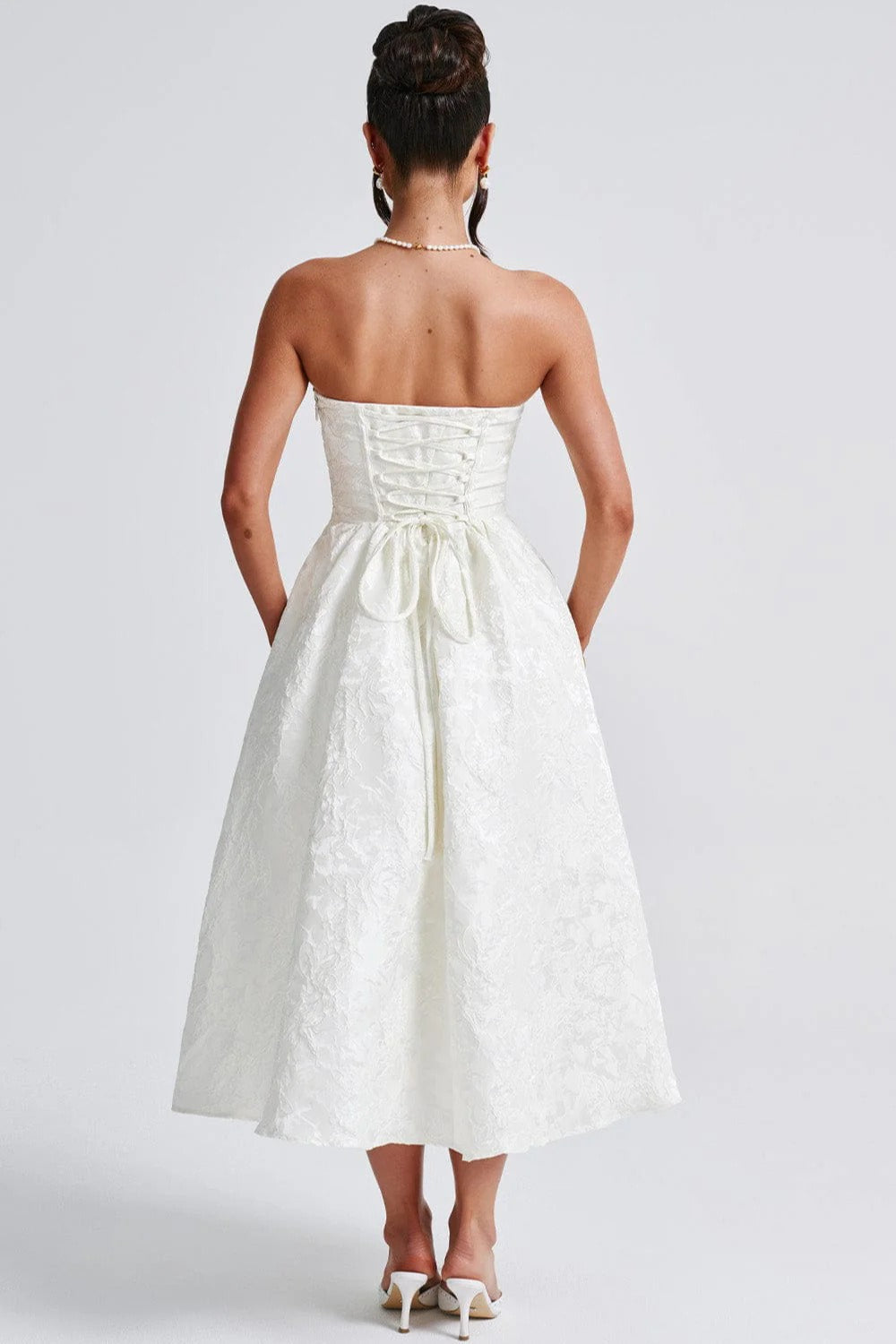Solid Jacquard Strapless A-Line Party Dress image 6