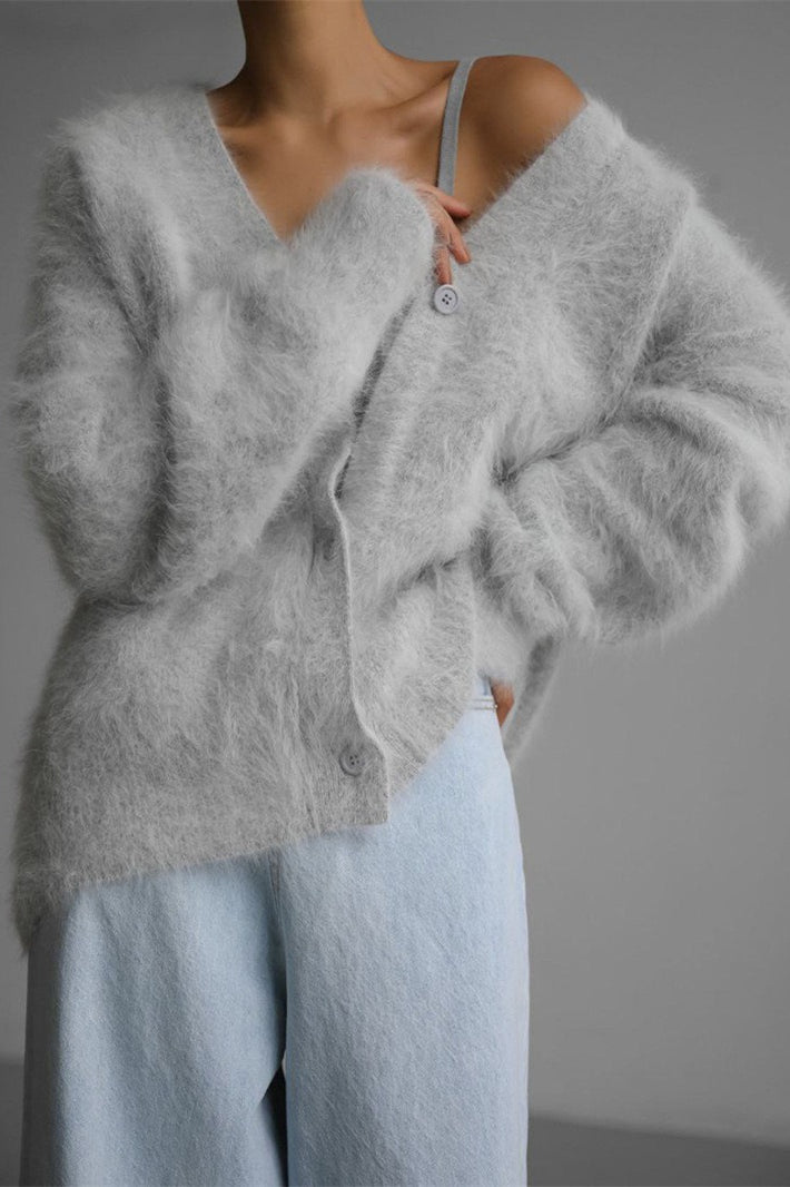 V-Neck Fluffy Knit Cardigan Sweater image 21