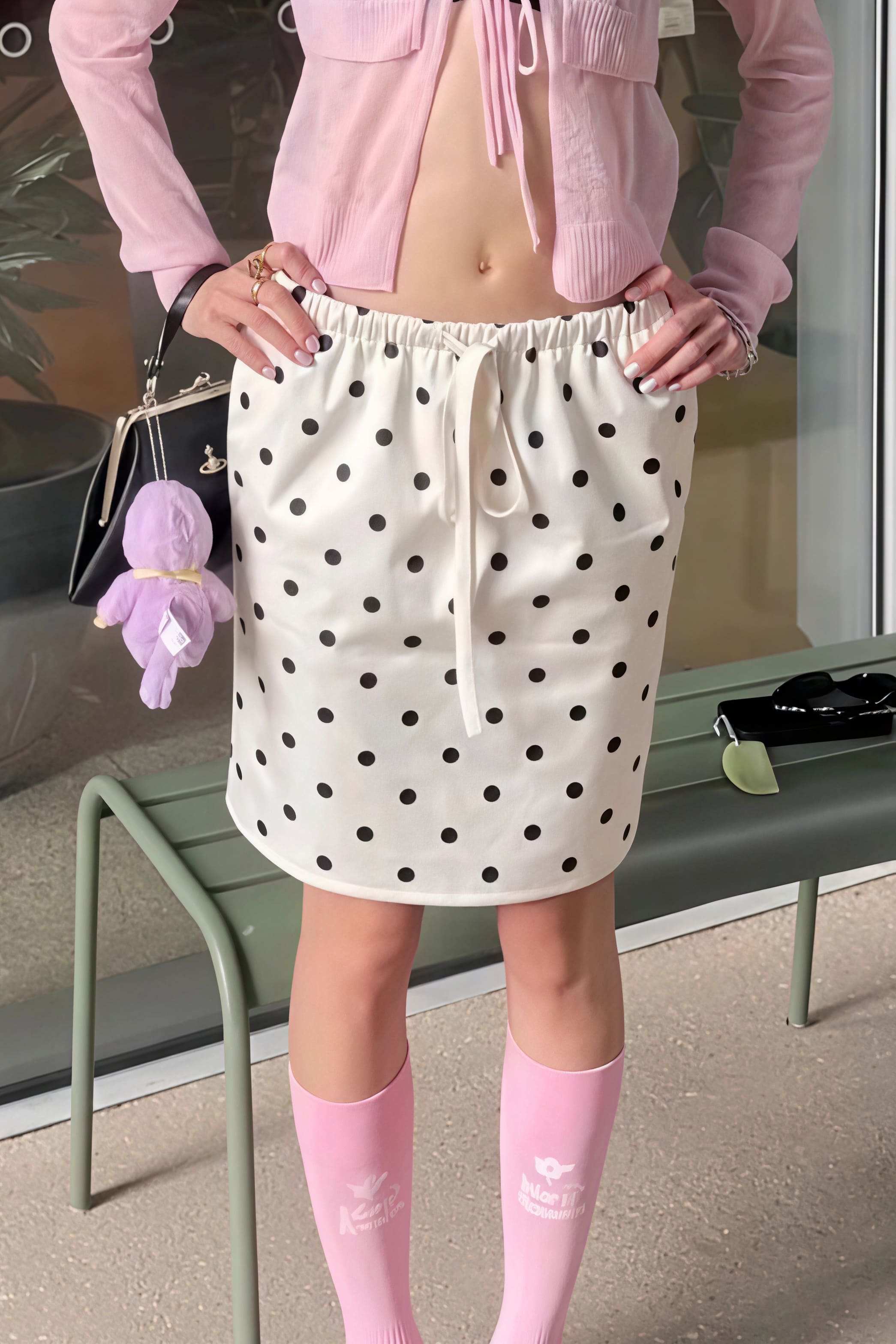 Vintage Satin Polka Dot Drawstring Midi Skirt image 3