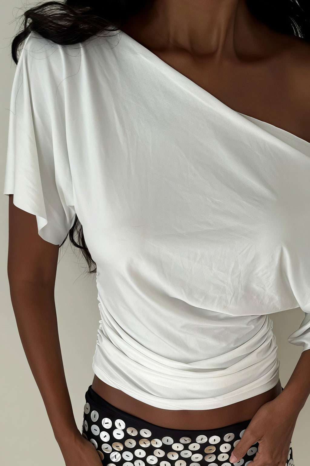 Chic Solid Off Shoulder Shirred Waist T-shirt image 5