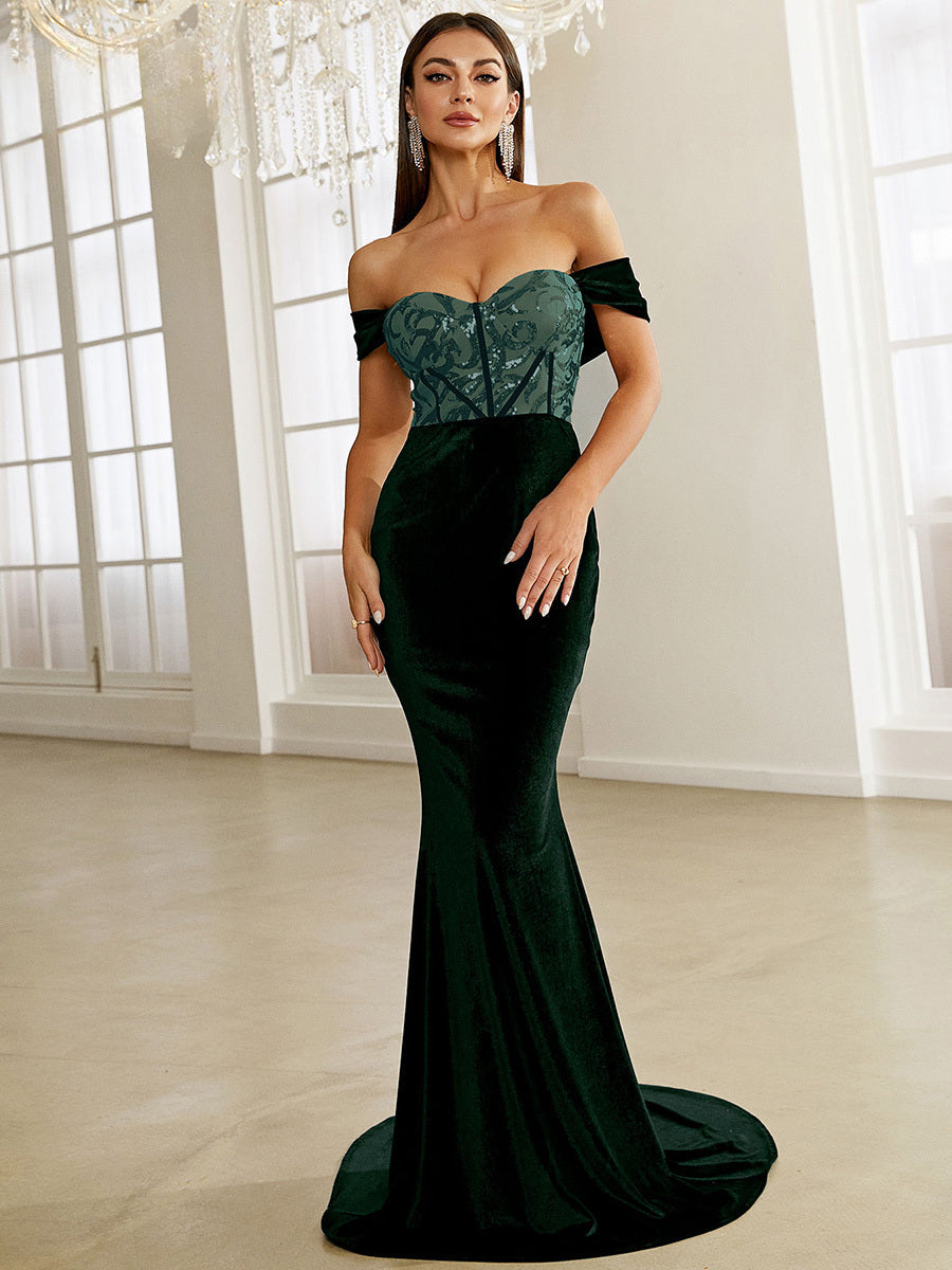 Green Velvet Evening Dress Elegant Off Shoulder Sequin Bodycon Maxi Party Dress image 1