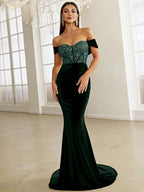 Green Velvet Evening Dress Elegant Off Shoulder Sequin Bodycon Maxi Party Dress image 1