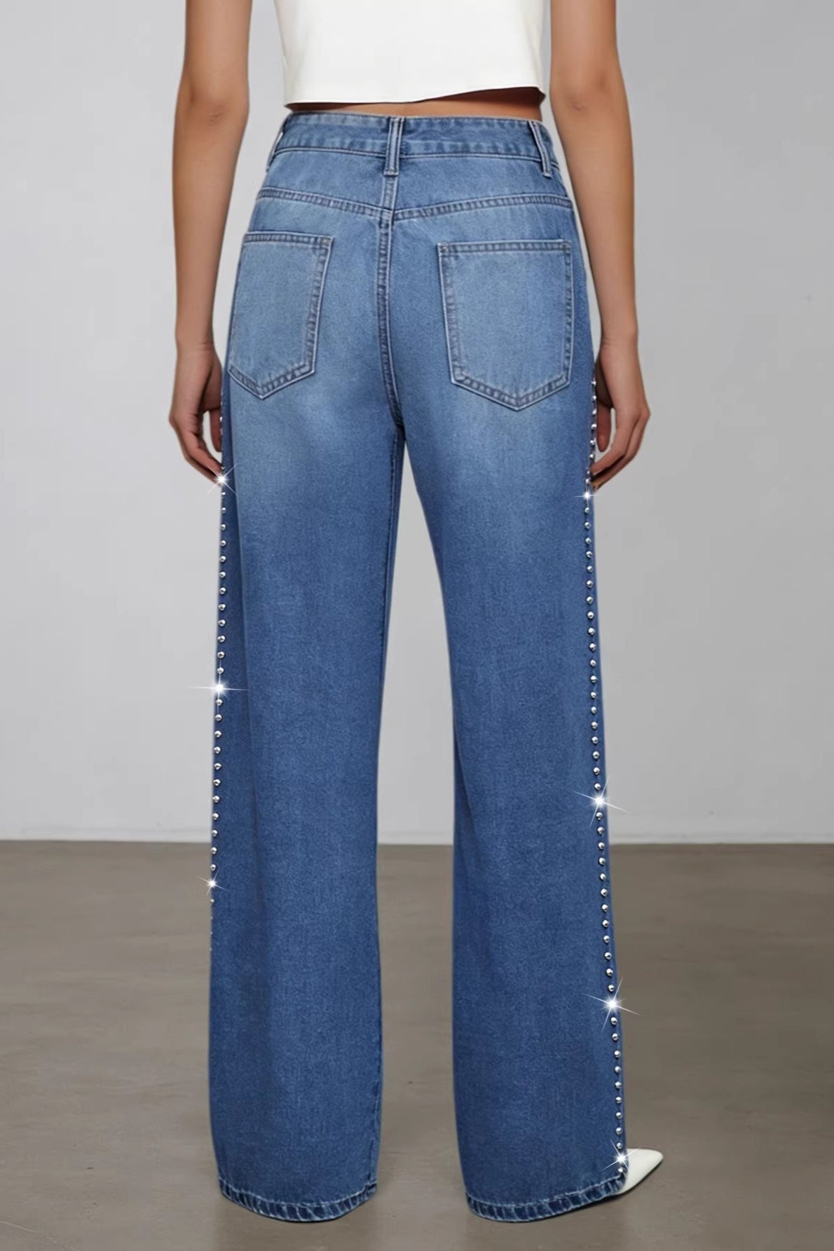 Washed Beaded High Waist Straight Leg Jeans image 4