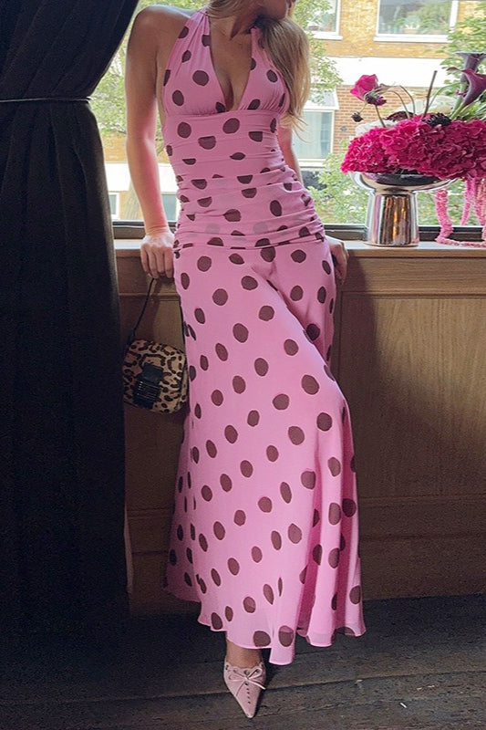 Vintage Polka Dot Halter V-neck Maxi Dress image 1