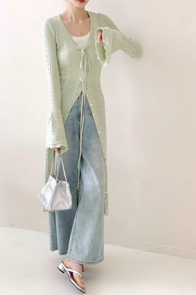 Lightweight Light Green V-Neck Bell-Sleeve Lace-Up Midi Knit Cardigan image 3