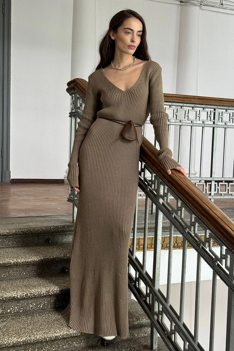 V-Neck Long Sleeve Knit Sweater Dress image 1