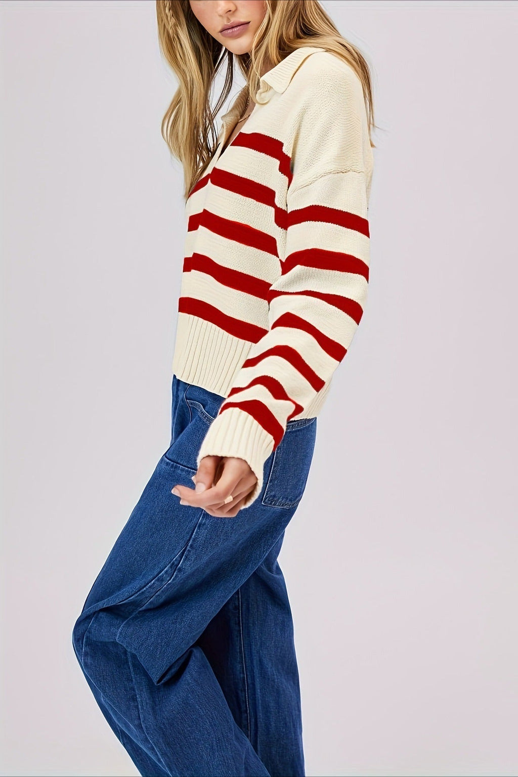 Striped Wool Collar V-Neck Sweater image 20