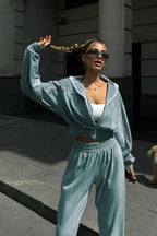 Athletic Velvet Collar Zipper Long Sleeve Two Piece Set image 7