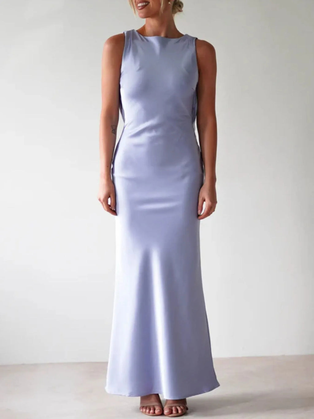 Sylvie Satin Maxi Dress detail view styled for Avrienne