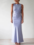 Sylvie Satin Maxi Dress detail view styled for Avrienne