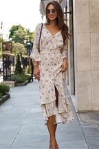 Asymmetric Ruffled Sleeve High Waist Floral Dress image 1