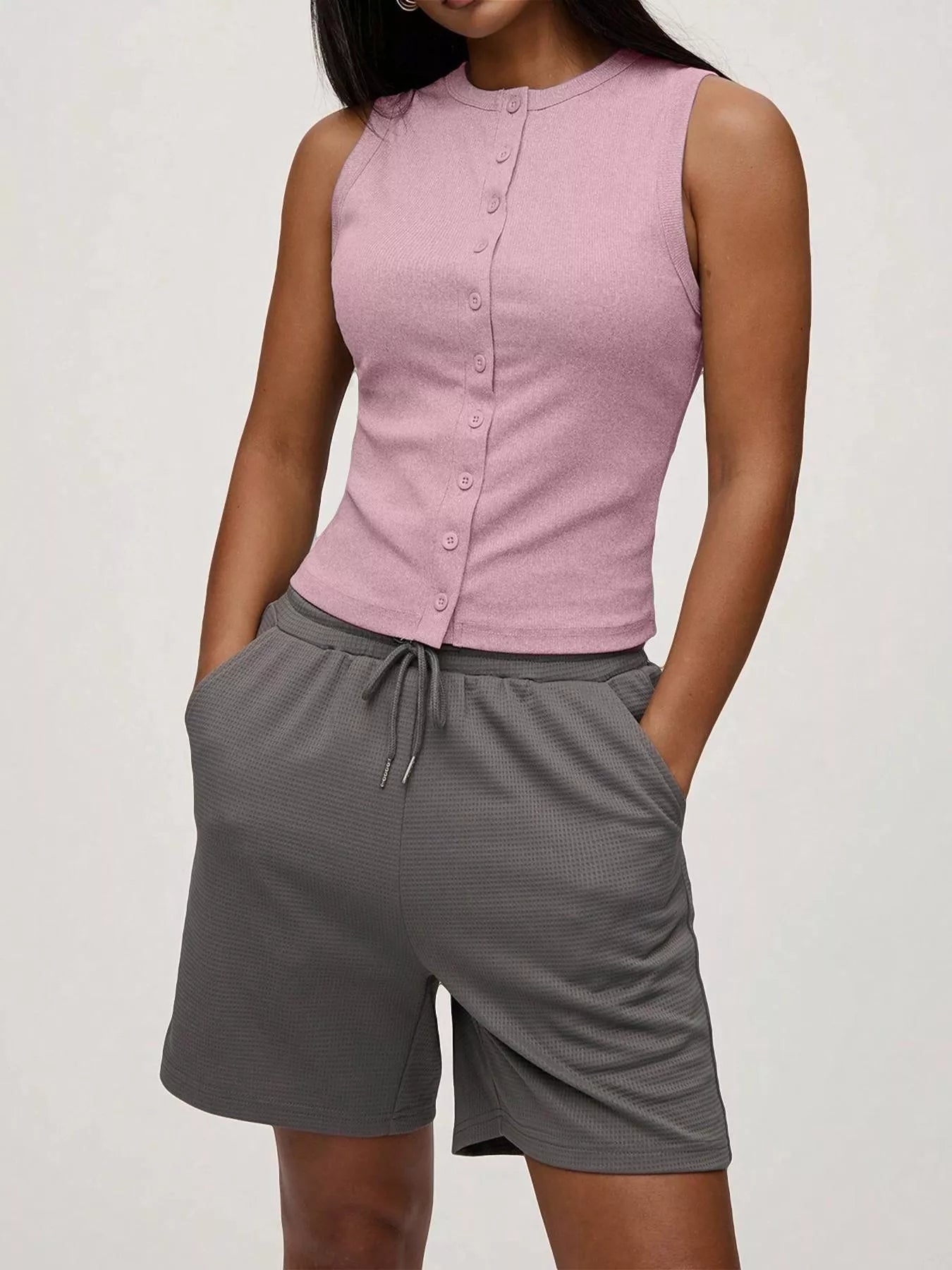 Elara Button Tank detail view styled for Avrienne