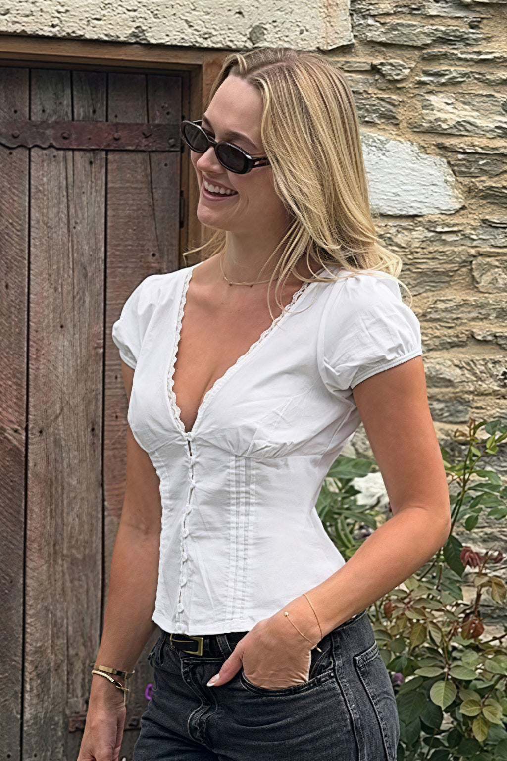 Lace Patchwork V Neck Puff Sleeve Blouse image 3