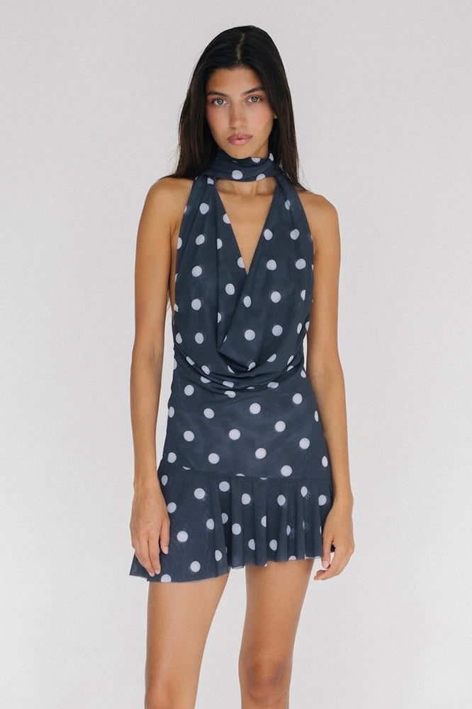 Polka Dot Halter Backless Mesh Mini Dress image 1