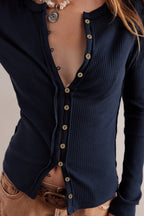 Solid Color Ribbed Buttoned Round Neck Cardigan image 2