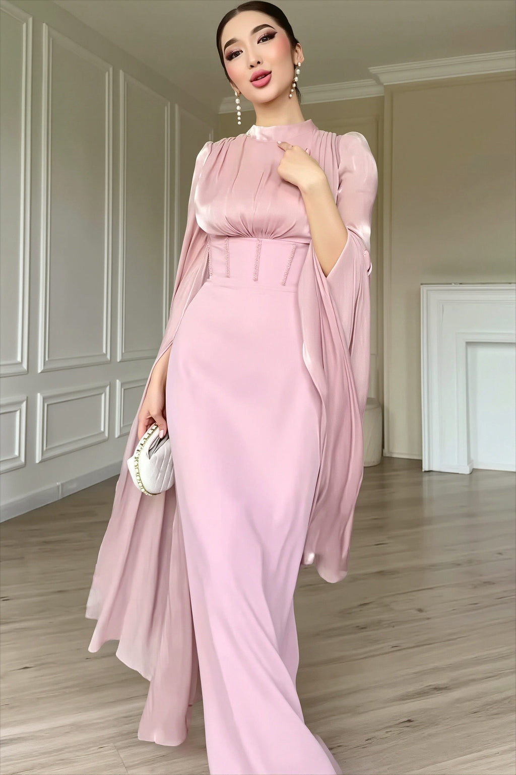 Glossy Flowy Sleeve Slim Maxi Dress image 1