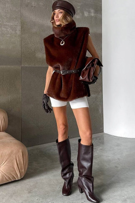 Solid Turtleneck Fuzzy Sleeveless Vest image 4
