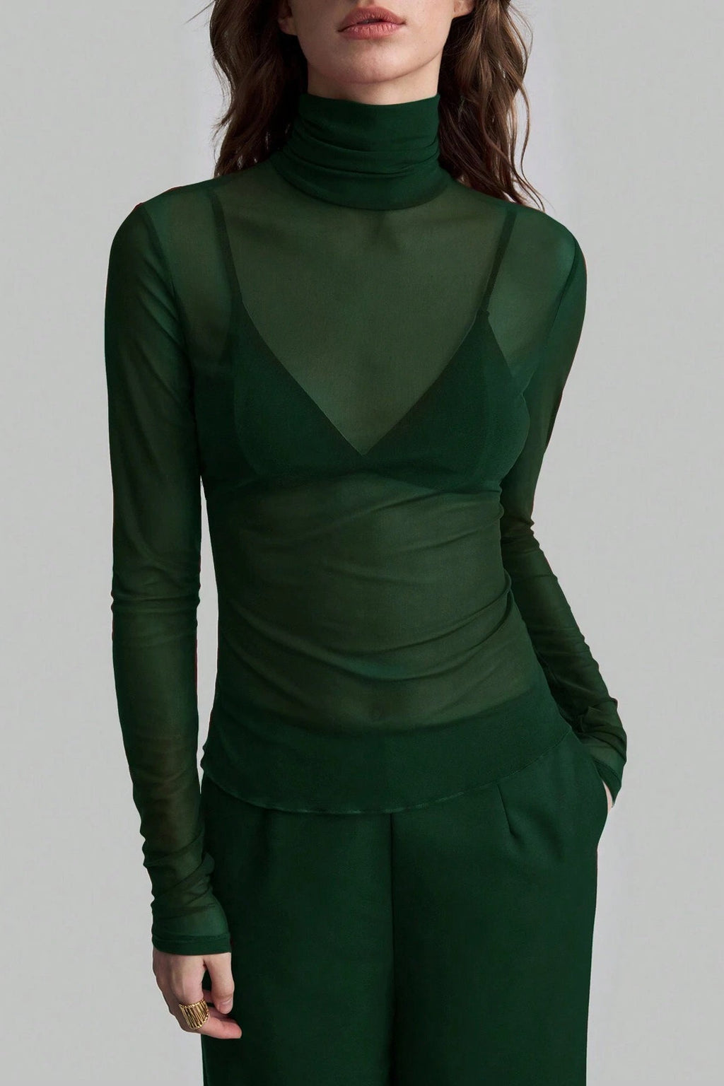 Stand Collar Solid Mesh Slim Fit Long Sleeve Tee image 10