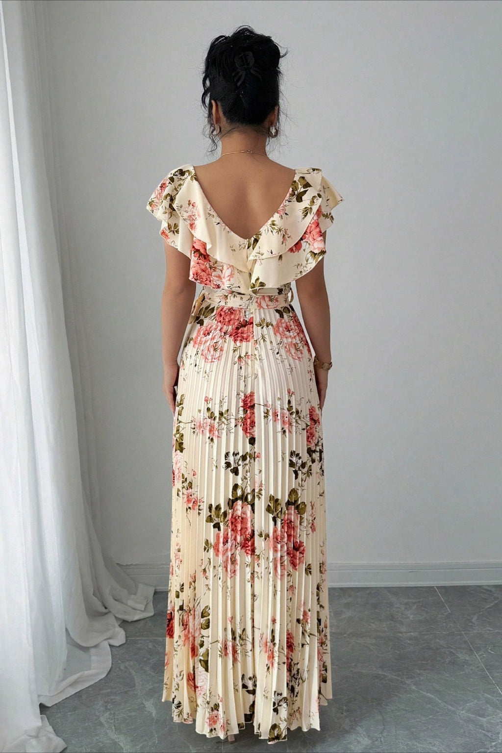Floral Print Ruffle Sleeve V Neck Pleated Elegant Maxi Dress image 4