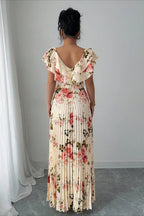 Floral Print Ruffle Sleeve V Neck Pleated Elegant Maxi Dress image 4