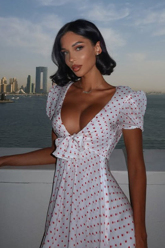 Sexy Deep V Puff Sleeve High Waist Polka Dot Mini Dress image 4