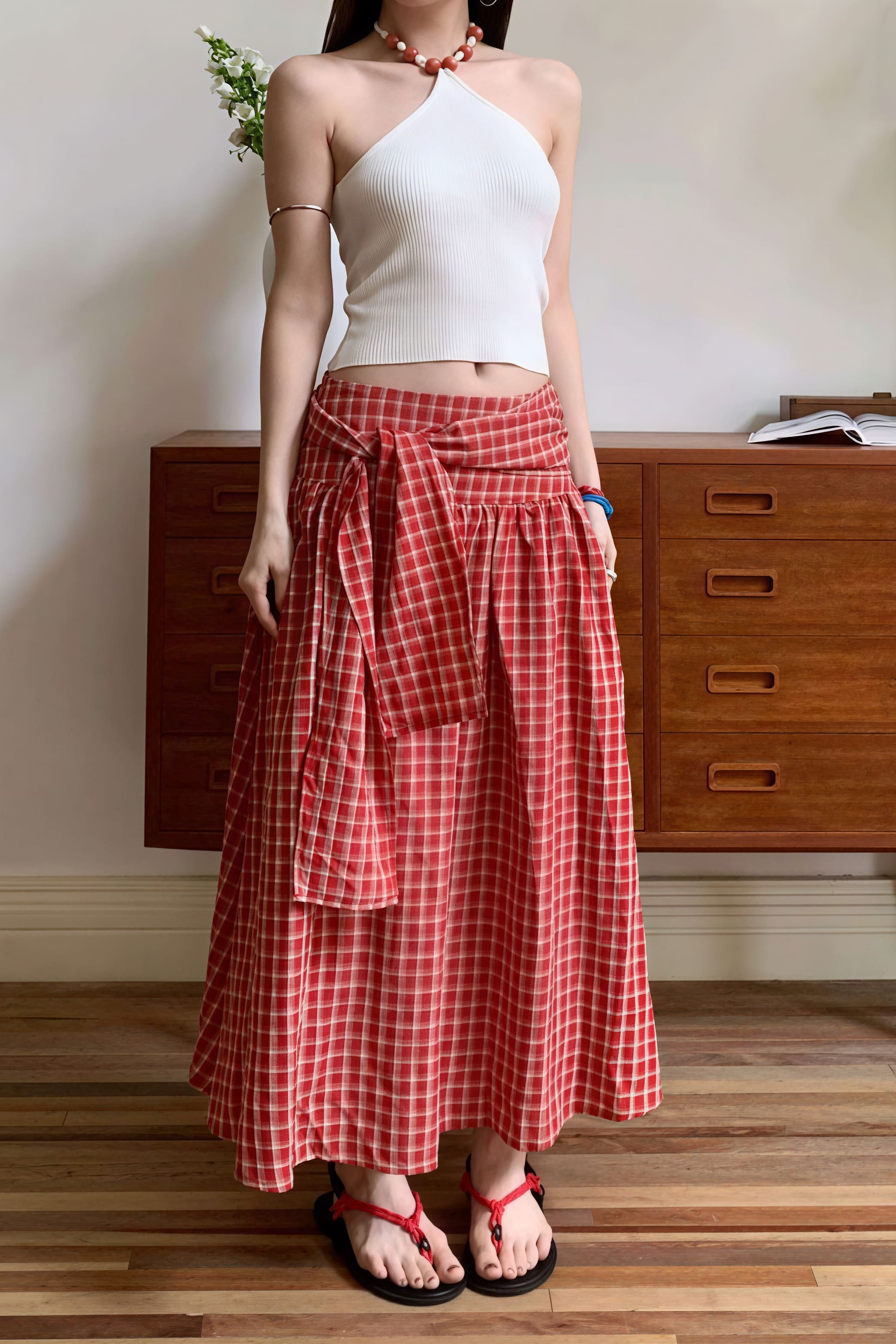Color Block Plaid Tie Side Zip Loose Skirt image 4