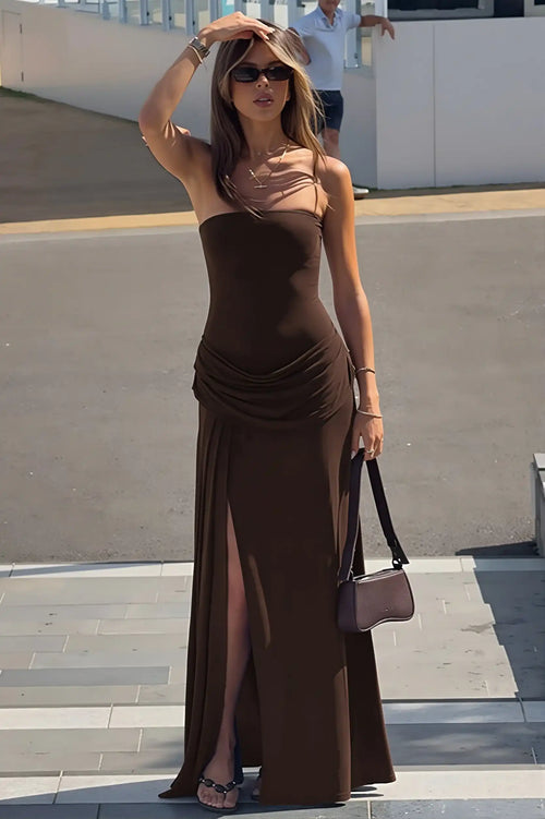 Chic Solid Strapless Ruched Side Slip Maxi Dress image 1