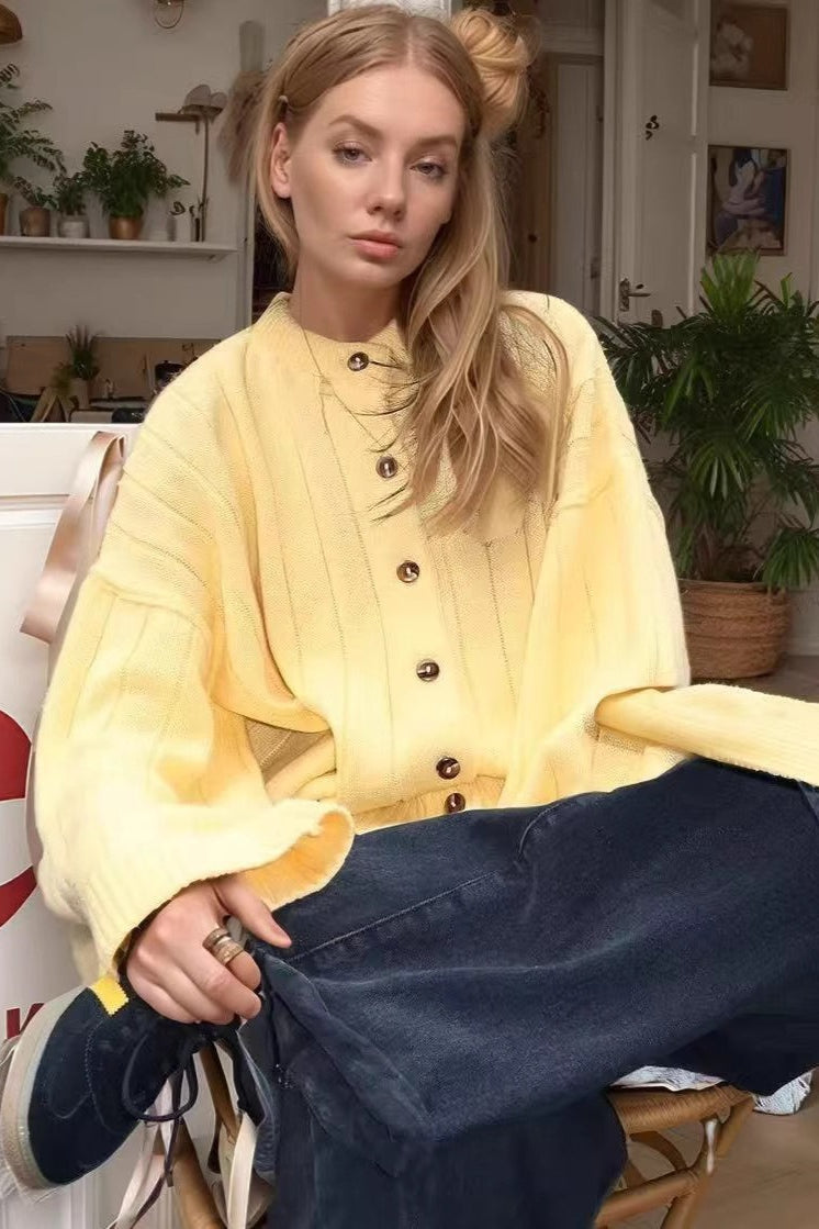 Yellow Ribbed Round Neck Knit Cardigan image 10