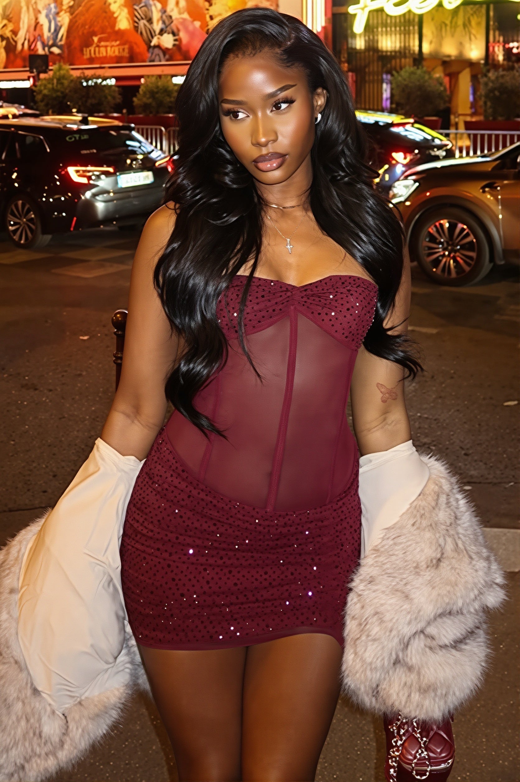 Chic Rhinestone Lace Up Mesh Cut Out Bodycon Mini Dress image 2