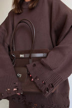 Solid Distressed Knit Crew Neck Sweater Two Piece Set image 16