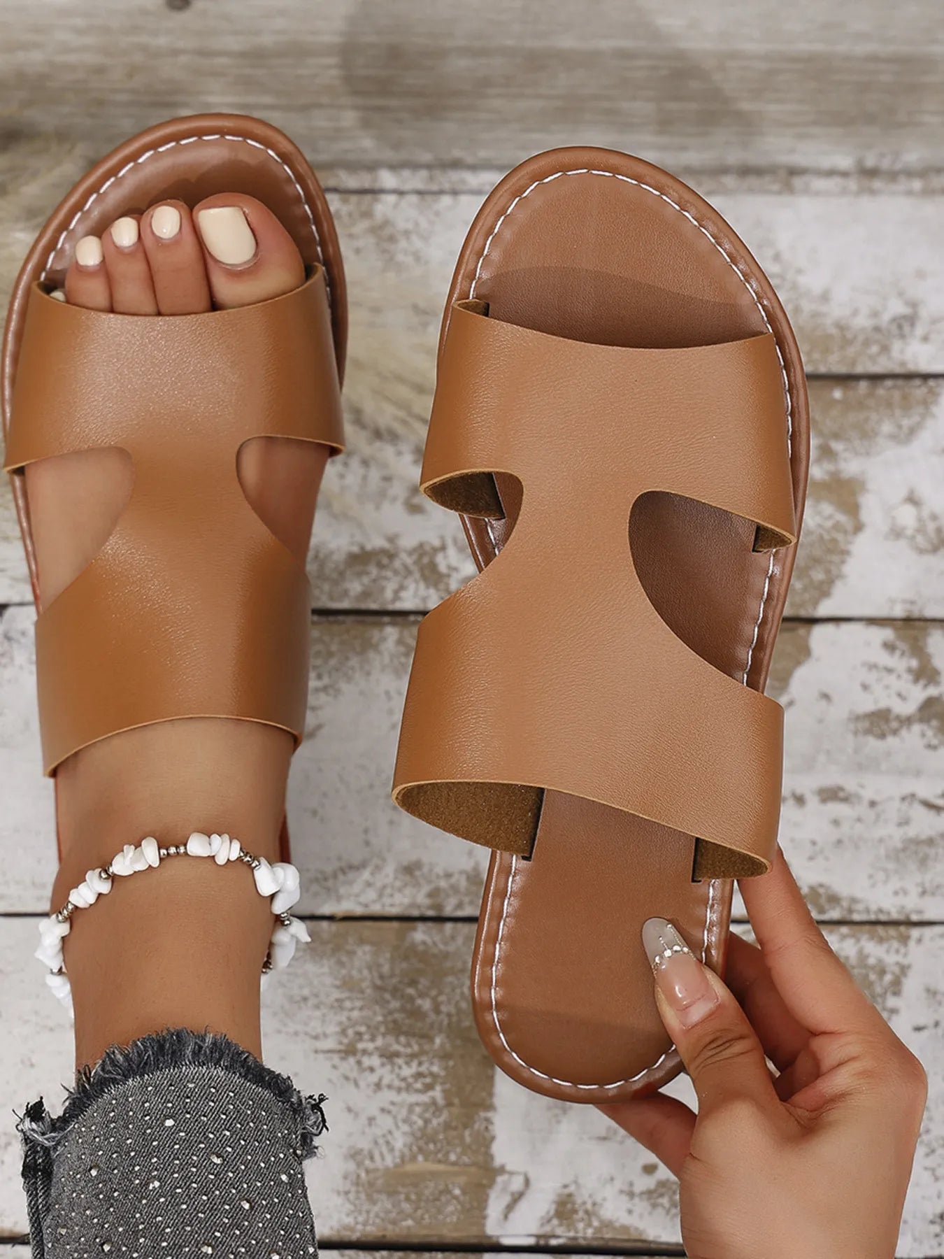 Fiona Flat Sandals detail view styled for Avrienne