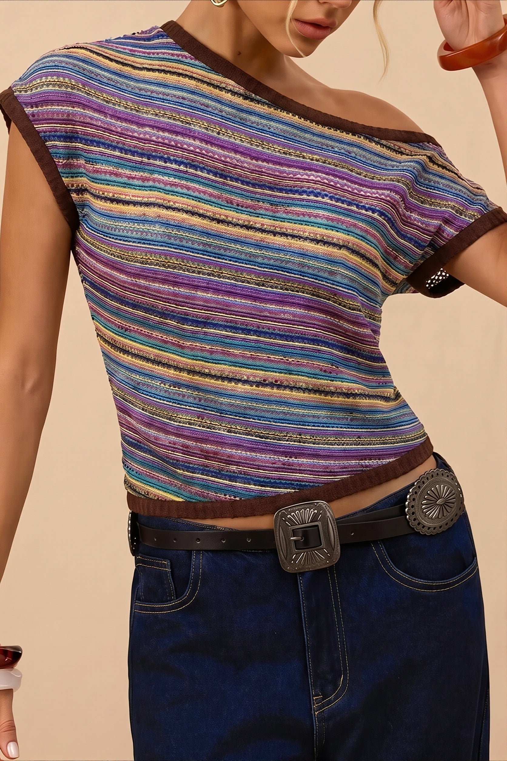 Vintage Color Knit Slim Striped Blouse image 4