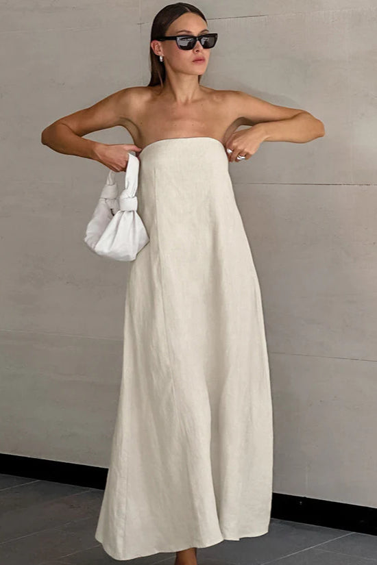 Khaki Cotton Linen Strapless Backless Maxi Dress image 1