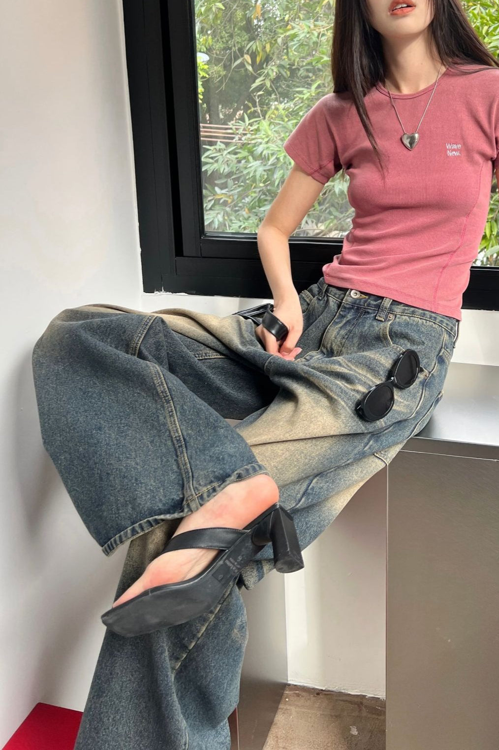 Vintage Washed Whisker Wide Leg Denim Jeans image 9
