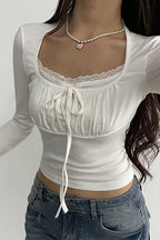 Lace Tie Ruched Bust Long Sleeve T-shirt image 2