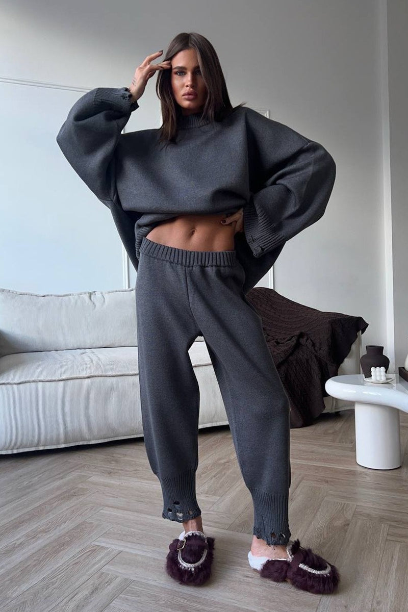 Solid Distressed Knit Crew Neck Sweater Two Piece Set image 12