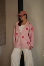 Fuzzy Daisy Jacquard Loose V-Neck Cardigan image 2