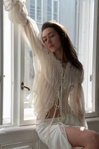 Solid Ruched Ruffle Tie Blouse image 1