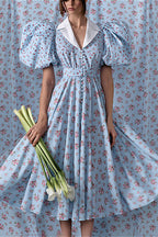 Puff Sleeve Collared High Waist Buttoned A Line Floral Dress image 1